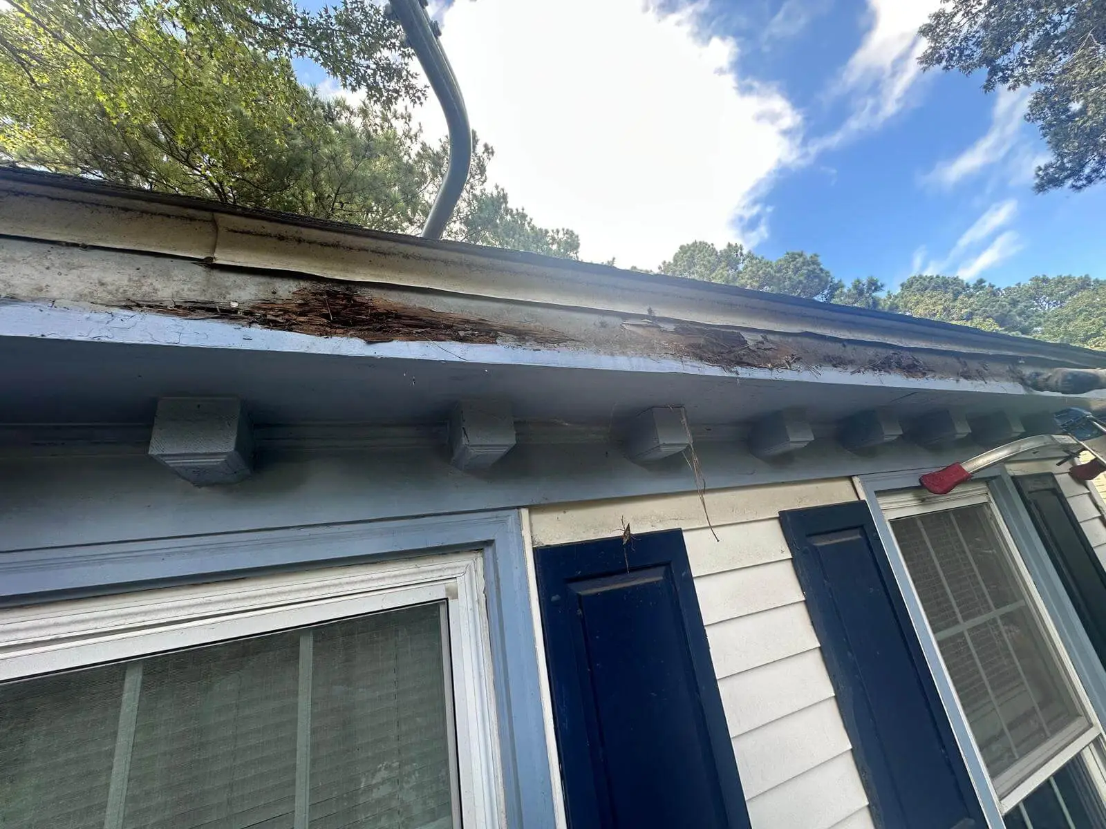 Overflowing gutters causing water damage and fascia rot on a coastal Virginia home