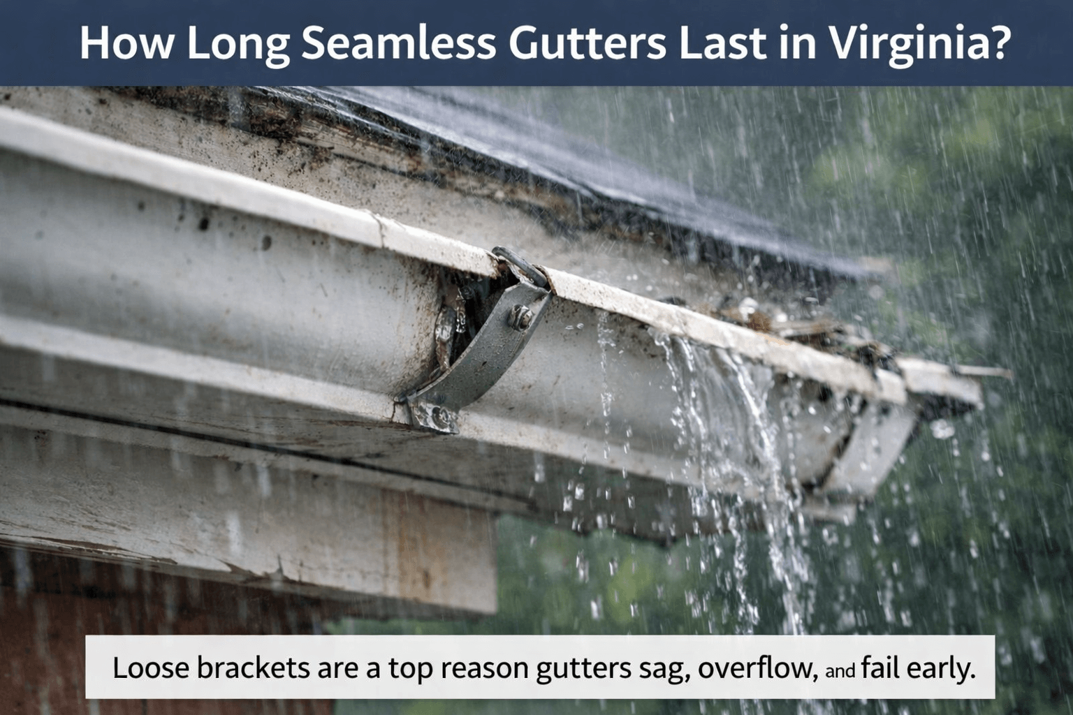 Loose gutter bracket leading to sagging and overflow, impacting how long seamless gutters last in Virginia