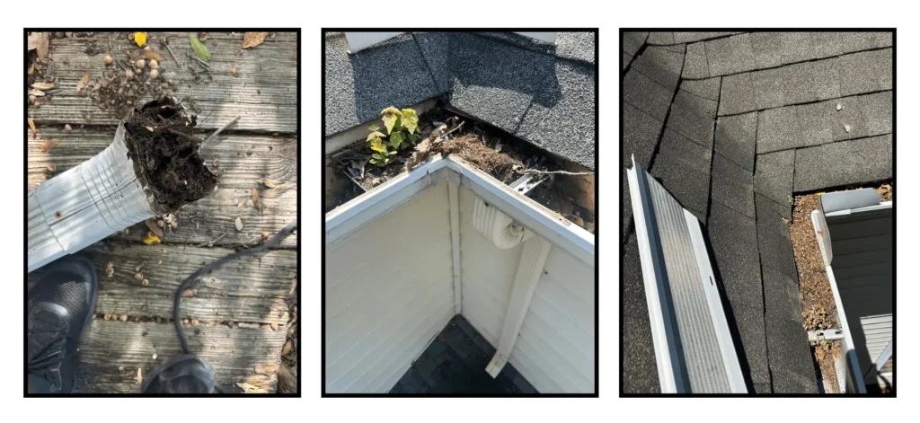 Clogged downspouts and gutters filled with debris causing overflow and reverse water flow during storms in Norfolk, VA.