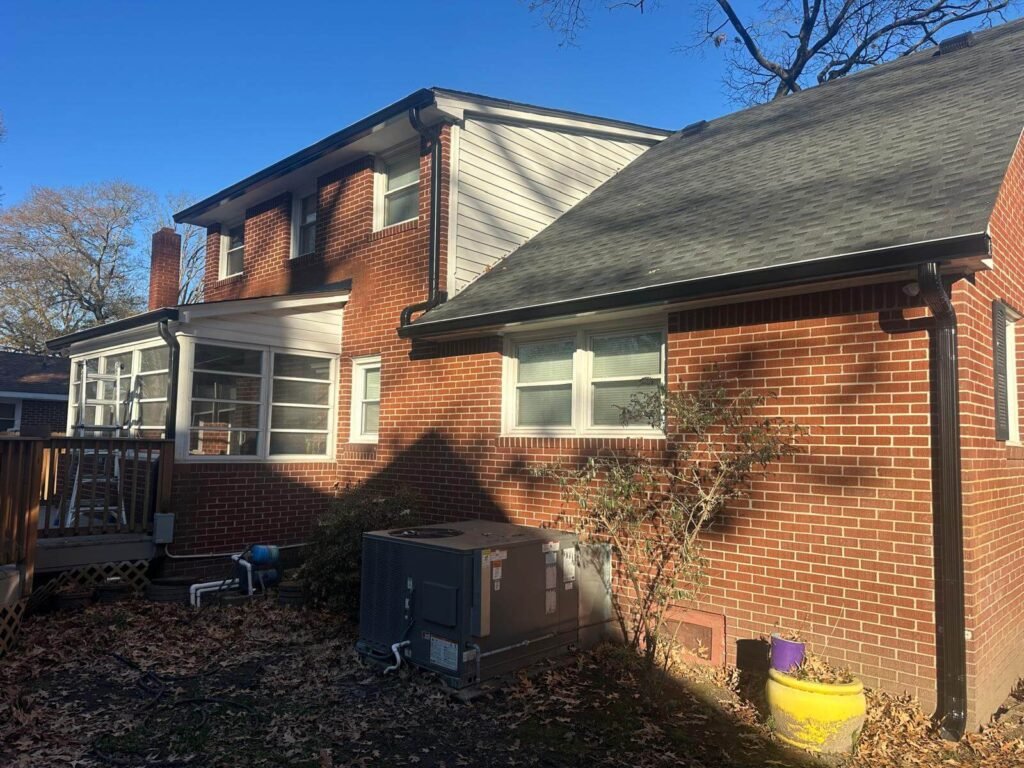 Completed gutter replacement with seamless aluminum gutters in Chesapeake Virginia