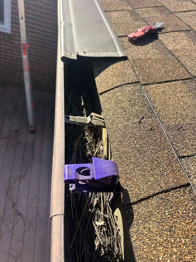 Clogged sectional gutters filled with pine needles and debris causing drainage issues in Portsmouth VA