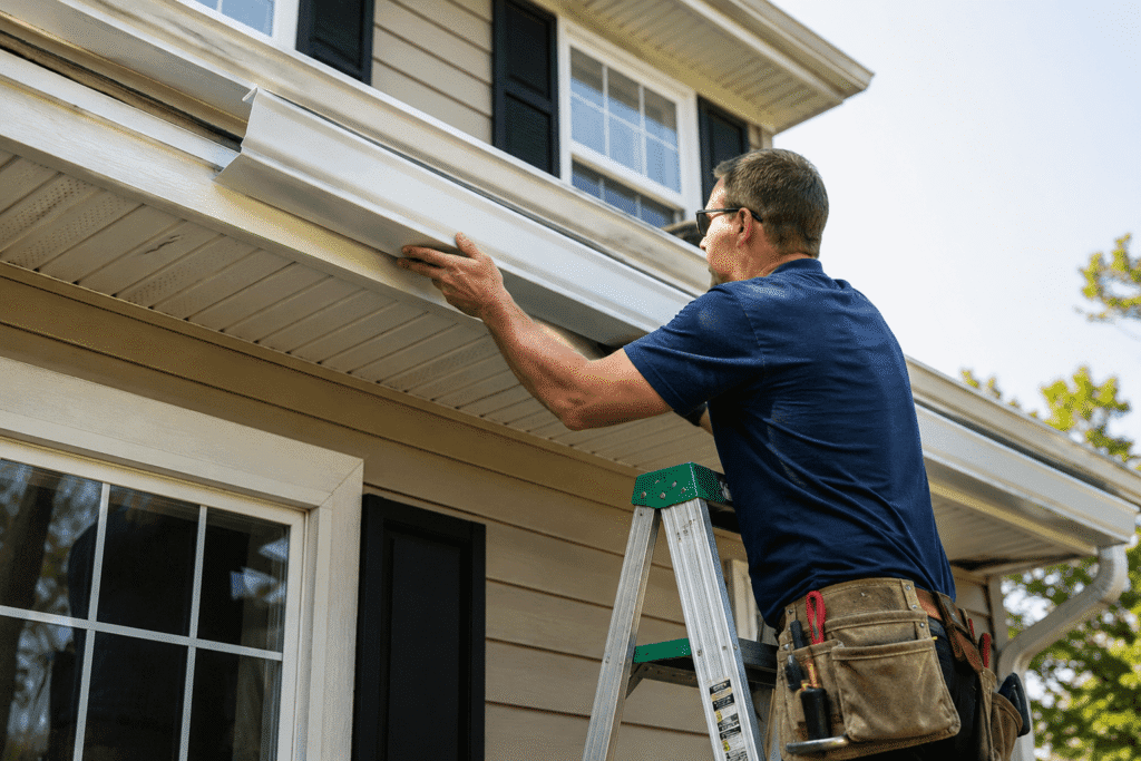 Homeowner considering DIY seamless gutter installation on a ladder in Hampton VA