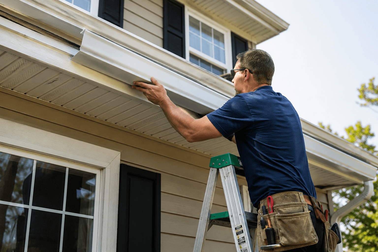 Homeowner considering DIY seamless gutter installation on a ladder in Hampton VA