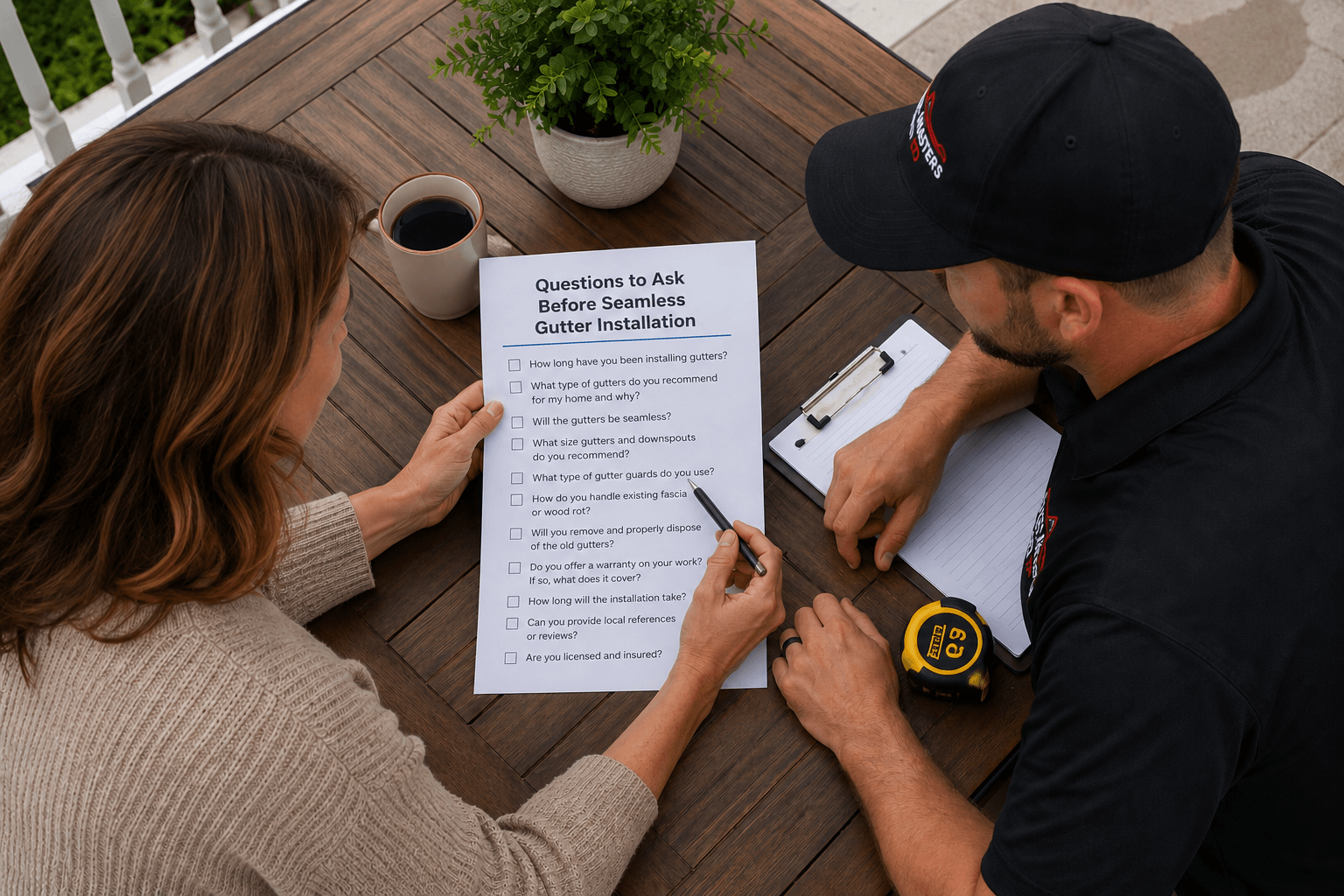 Homeowner and contractor reviewing questions before a seamless gutter installation project, discussing gutter options, warranties, and installation details.