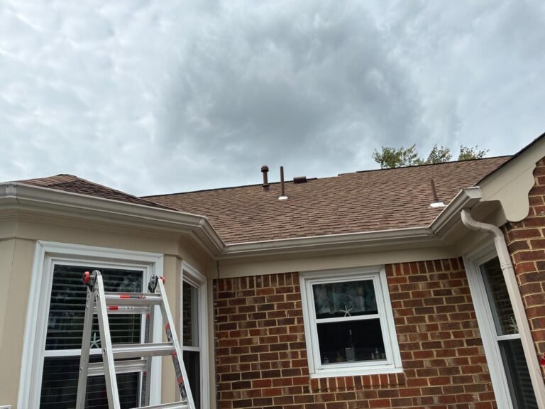 Existing gutters on the bay window roofline before removal in Chesapeake, VA