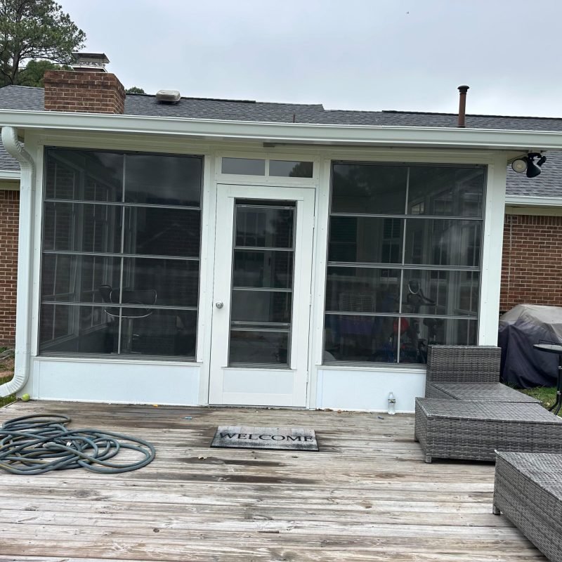 new seamless gutter and downspout installed on rear sunroom addition — Chesapeake VA gutter installation